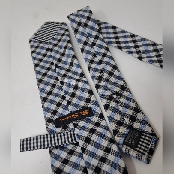 Ben Sherman Men's Slim Tie Neck Tie 100% Silk Black Blue White Check 61" - Picture 7 of 8